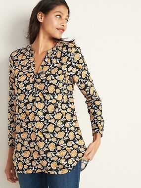 OLD NAVY Floral-Print Popover Split-Neck Tunic L 21” p2p Black Multi $35 NWOT